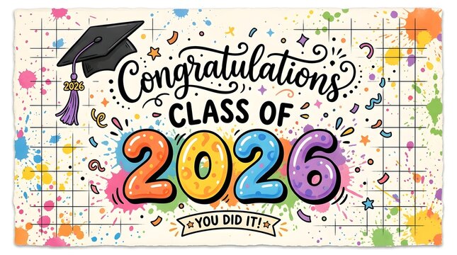 Congratulations class of 2026 graduation banner with colorful paint splatter design