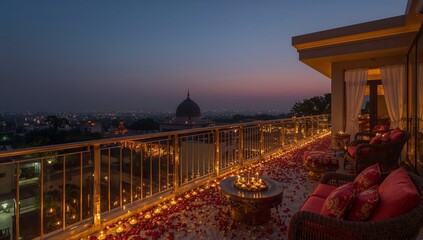Fototapeta premium Evening View From a Balcony With Candles and Flowers in a City Setting