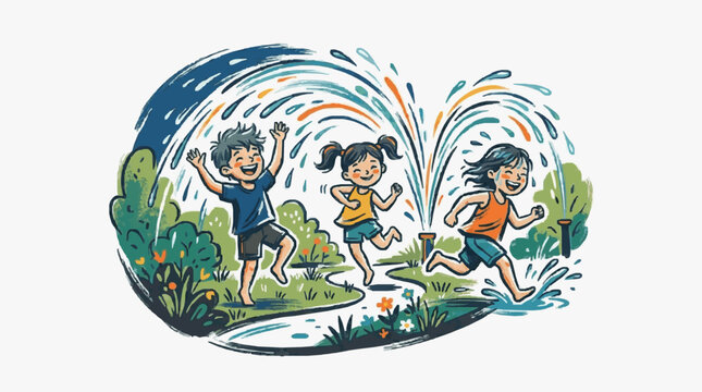 Three children playing together in a grassy field.