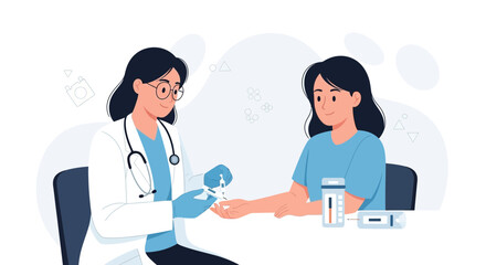 Fototapeta premium Doctor checking patient's blood glucose level with a glucometer and lancet, healthcare and diabetes management concept