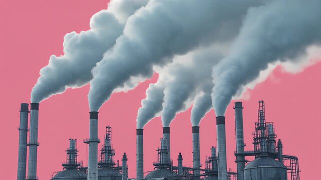 Industrial refinery complex chimneys emitting thick plumes of gray smoke into the vibrant pink sky captured in motion video animation