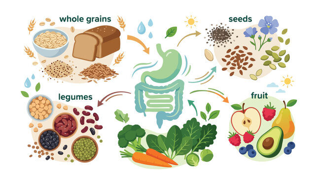 Diagram showing digestive system health benefits of whole foods and fiber.