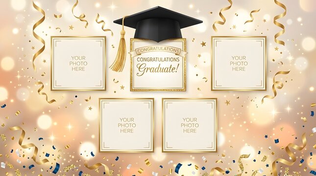 Graduation photo frame collage template with cap and confetti