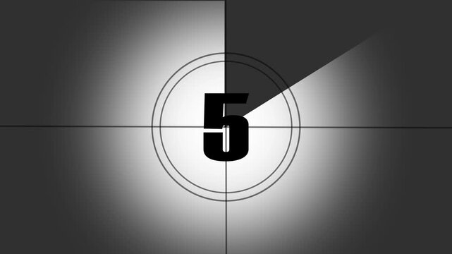 "Cinematic movie countdown from 10 to 0, vintage film leader style, bold centered numbers changing every second..