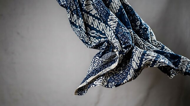 Flowing blue and white traditional batik textile with intricate patterns