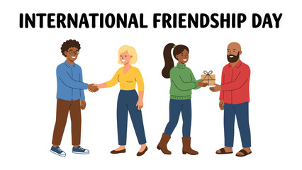 Obraz premium International Friendship Day Celebration: Four diverse individuals come together to celebrate International Friendship Day, exchanging smiles and a gift, embodying connection and unity.