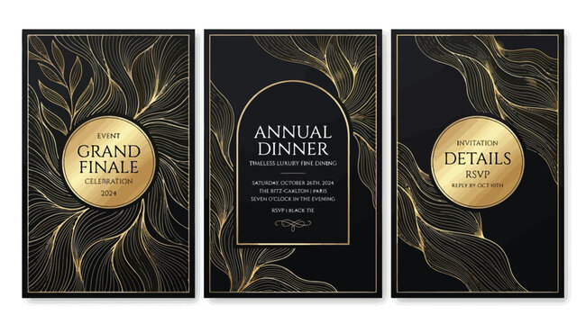 Elegant annual dinner event invitation set with gold floral patterns