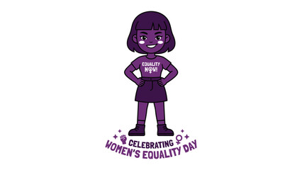 Empowered Woman Celebrating Equality: A stylized illustration of a strong, confident woman stands proudly, wearing a t-shirt that reads Equality Now, representing the spirit of Women's Equality Day. © azizunnahar