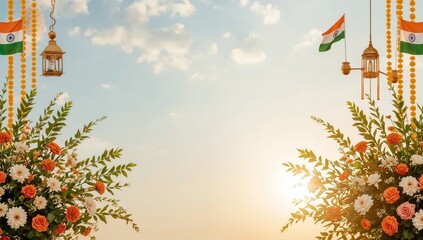 Fototapeta premium Flowers and Flags Decorate the Space During a Celebration at Sunset in India