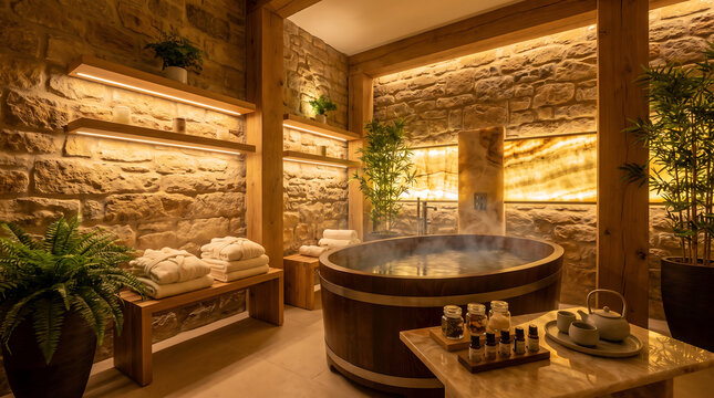 Luxury Spa Interior with Steaming Wooden Bathtub and Stone Walls