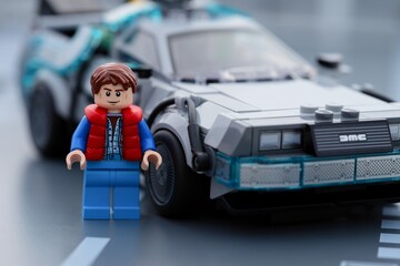 Obraz premium Tambov, Russian Federation - June 20, 2026 Lego Marty McFly minifigure standing near DeLorean time machine car from Back to the Future.