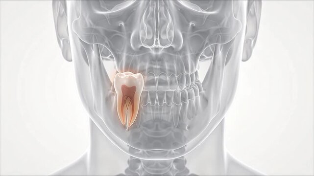 3D medical animation of molar tooth with root canal anatomy highlighted inside transparent human skull and jaw on white background
