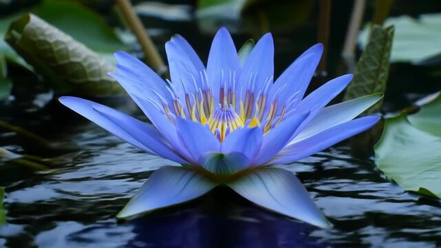 Rare blue lotus flower blooming on dark reflective pond water, featuring vibrant purple-blue petals and a yellow center, surrounded by green lily pads in soft natural light.