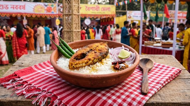 baishakhi Mela food, traditional dish of panta bhat soaked rice served with a fried hilsa fish slice ilish bhaji, green chilies, and onions in a clay bowl,