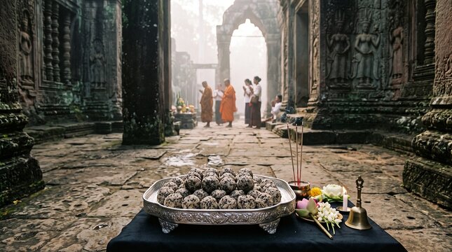 Pchum Ben festival, small compressed balls of sticky rice and sesame seeds called Bay Ben arranged on a silver tray, background of an ancient Khmer temple stone floor with soft morning mist