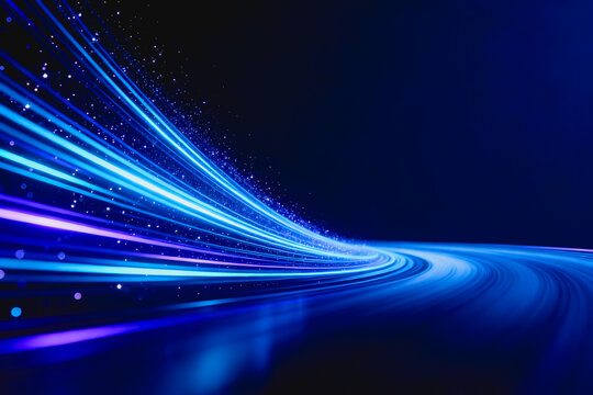 Abstract dynamic light streams curve through dark digital space, conveying speed, data flow and futuristic technology concepts.