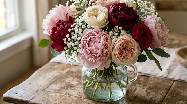 Fresh peony and rose bouquet in a glass jar on a rustic table