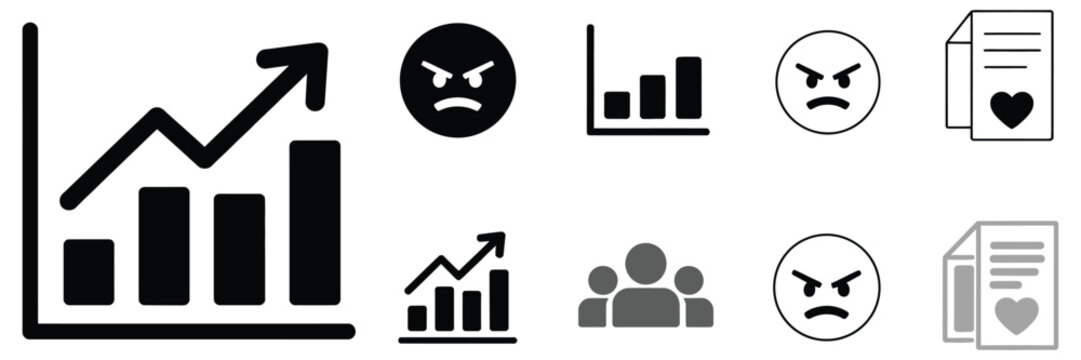 Business growth and emotions icons representing success, profit development, leadership, motivation, and human emotional expression for corporate and financial design concepts
