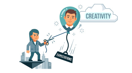 Naklejka premium Businesswoman cutting balloon of expectations to achieve creativity and success