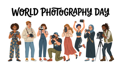 Fototapeta premium World Photography Day Celebration: A vibrant illustration depicts a diverse group of people celebrating World Photography Day, each holding and using cameras to capture the moment.