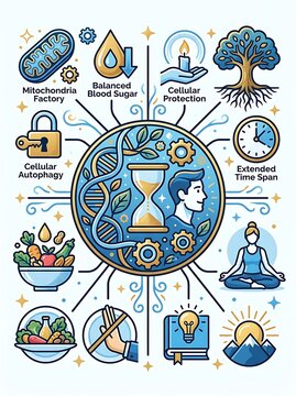 Wellness and longevity infographic with health icons and dna helix