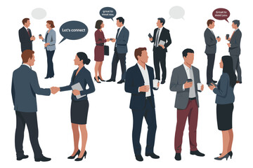 Obraz premium Professional business networking set, corporate people talking and shaking hands, flat vector office characters for conference