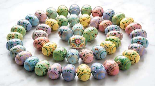 Spiral arrangement of hand painted easter eggs on marble