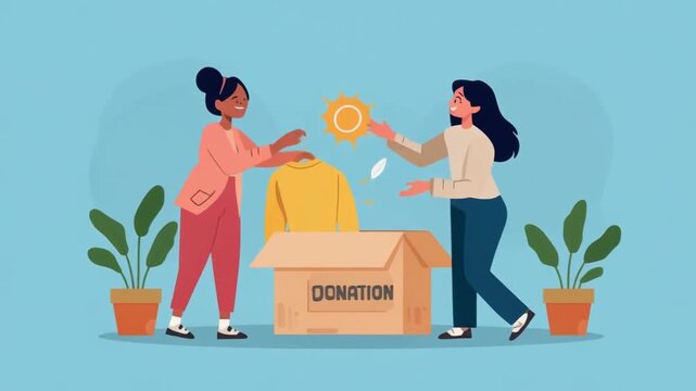 Two women sorting used clothing into a cardboard donation box in this vibrant animated video style digital motion clip