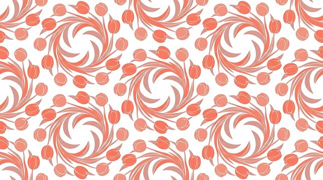 Seamless pattern with coral tulip flower wreaths on white background