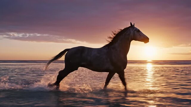 Side view silhouette of a horse running through shallow sea water at sunset, splashing droplets against a vibrant orange and purple sky on a coastal beach shore.