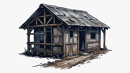Fototapeta premium Traditional wooden cabin with snow covered roof and porch.