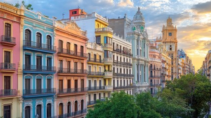 Obraz premium Colorful European buildings line a street at sunset