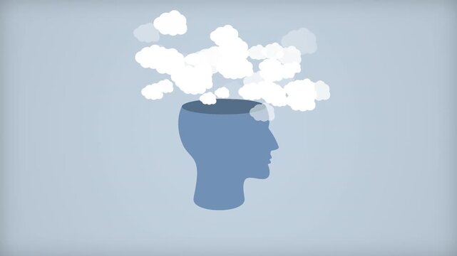 The blue outline of a human head. White clouds are flying above. Loop animation. Concept for imagination and fantasy, self care, psychology, invention. Mental health background.
