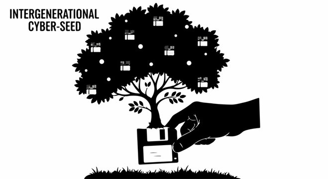 Hand plants floppy disk at base of stylized tree bearing gift boxes symbolizing digital legacy