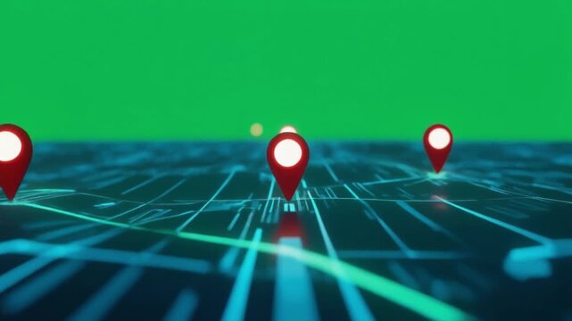 Red location pins hover above a glowing digital map showing complex data navigation pathways in this high quality motion video