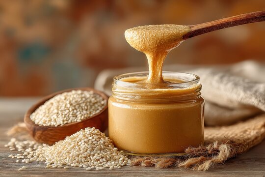 Tahini Paste with Sesame Seeds: A jar of creamy tahini paste, drizzled from a wooden spoon, sits alongside a wooden bowl brimming with sesame seeds.