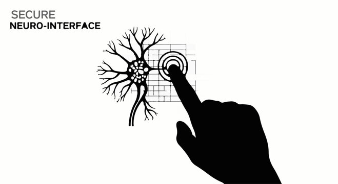 Human hand interacts with a stylized neural network, symbolizing advanced brain-computer interface technology and secure connection.