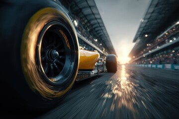 Obraz premium Formula 1 Racing: A high-speed close-up of a Formula 1 car's tire as it speeds down the wet racetrack, bathed in the golden light of sunset.