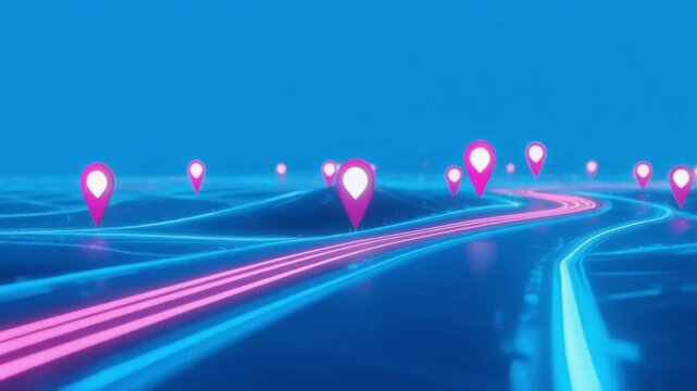 Glowing pink location pins hover above neon blue highway lines in this high quality digital motion animation video clip