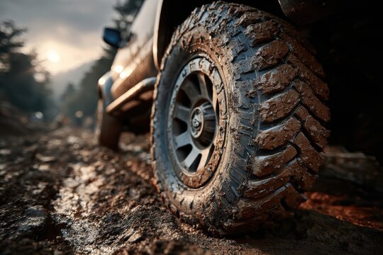 Off-Road Adventure: A rugged vehicle's tire, caked in thick mud, navigates a challenging dirt track amidst a serene forest landscape at dusk, symbolizing adventure and resilience.