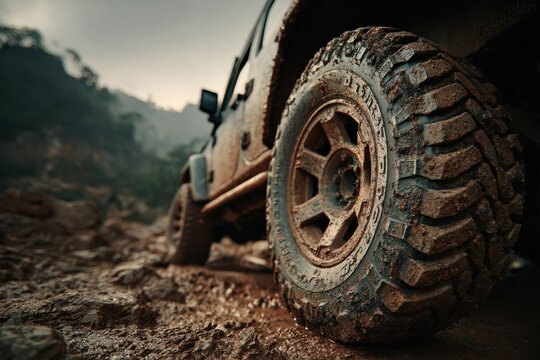 Off-Road Adventure Tire: A rugged off-road vehicle tire caked in mud navigates a challenging, rocky terrain with a forest canopy overhead, highlighting extreme adventure and durability.