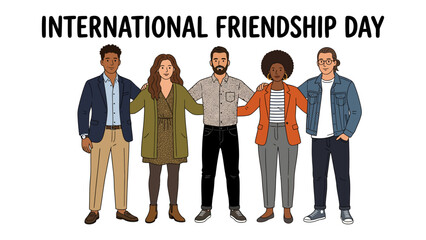 International Friendship Day Celebration: A diverse group of five friends stands arm-in-arm, celebrating International Friendship Day with a sense of camaraderie and unity. © asha
