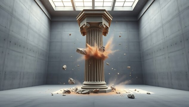 A dramatic image of a column exploding in a gray concrete room with debris