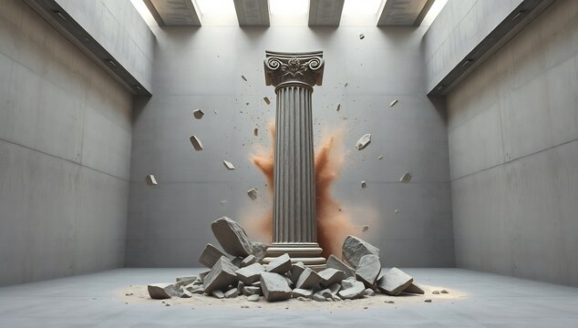 A gray stone column exploding in a modern concrete room with debris