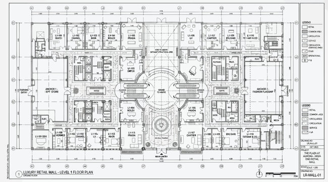 Architectural floor plan drawing of a large building complex with multiple rooms and central courtyard