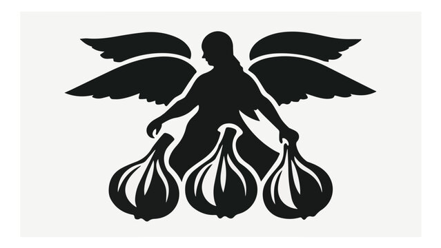 Silhouette of angel with large wings holding three lanterns in a dark mystical scene
