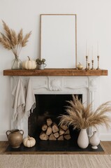 Fototapeta premium Decor Ideas for a Cozy Living Room Featuring a Fireplace and Seasonal Decorations