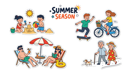 Fototapeta premium Summer Fun Collage: A vibrant collage showcasing diverse summer activities, including children building sandcastles, a boy skateboarding, a couple cycling, people relaxing on beach chairs.