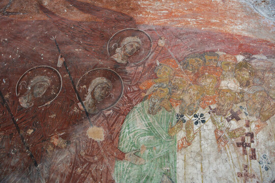 Interior of Mileseva Monastery showing medieval frescoes, orthodox altar, and holy relics. Beautiful indoor view of an ancient Serbian Orthodox church. Prijepolje, Serbia 29.05.2026