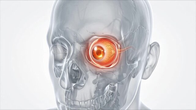 3D Medical Animation Human Eye Anatomy Eyeball with Optic Nerve Highlighted Orange Glow Inside Transparent Skull White Background Healthcare Concept